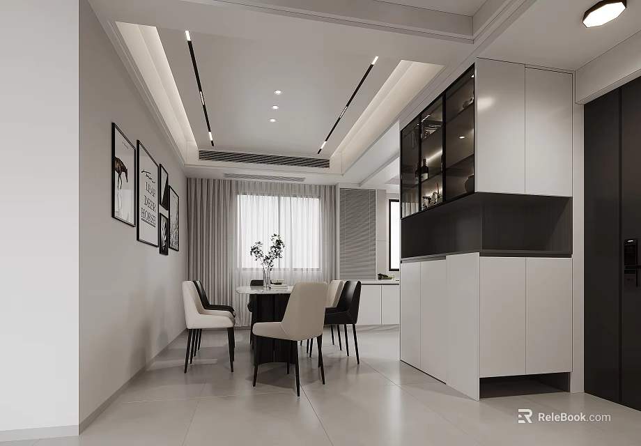 Modern Restaurant Interior With Dining Table Chairs Cabinets And Window Lighting 3d model