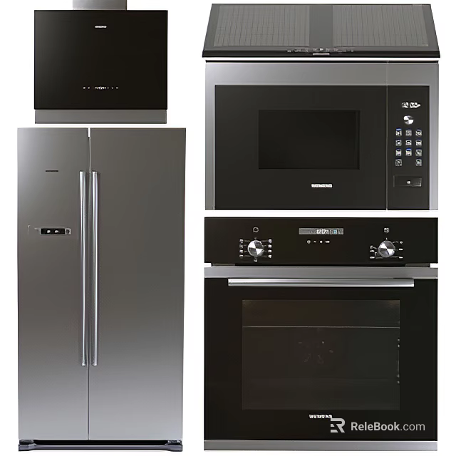 Stainless Steel Kitchen Appliances Including Refrigerator Microwave Oven And Range Hood 3d model 