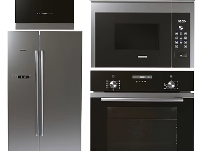 Stainless Steel Kitchen Appliances Including Refrigerator Microwave Oven And Range Hood 3d model