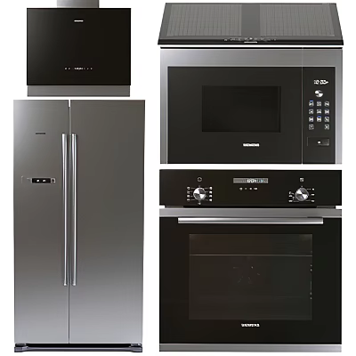 Stainless Steel Kitchen Appliances Including Refrigerator Microwave Oven And Range Hood 3d model