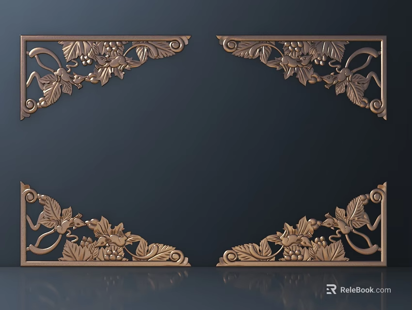 Ornate Golden Corner Carvings With Grape And Leaf Patterns On Dark Background 3d model