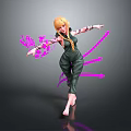 Woman With Blonde Hair In Dark Jumpsuit Tattoos Pink Lines Patterns Outstretched Arms Barefoot Standing