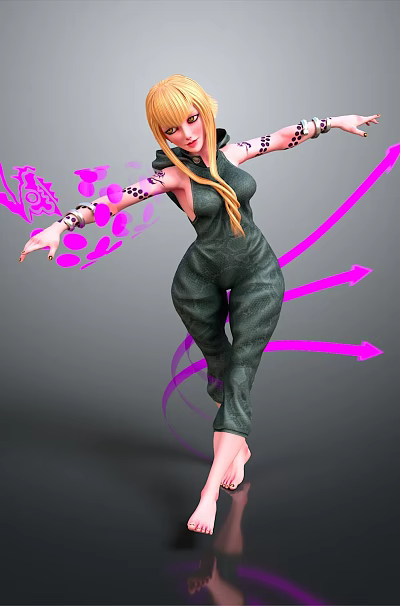 Woman With Blonde Hair In Dark Jumpsuit Tattoos Pink Lines Patterns Outstretched Arms Barefoot Standing 3d model