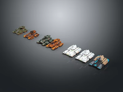 Various Military Vehicle Models With Different Color Paint Finishes Arranged In A Row 3d model