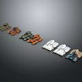 Various Military Vehicle Models With Different Color Paint Finishes Arranged In A Row
