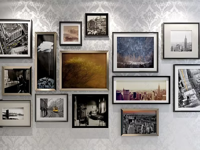 Multiple Framed Landscape Artworks With Cityscape On Decorative Wall 3d model