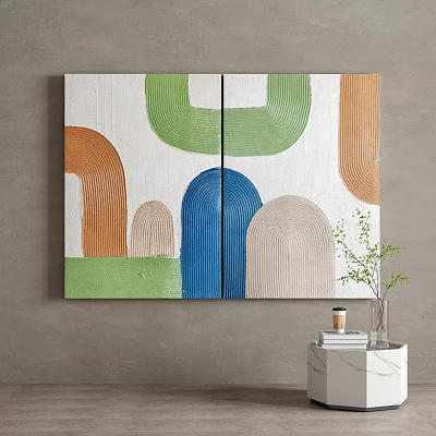Colorful Abstract Wall Art With Green Orange Blue Beige Curves And Textured Design 3d model