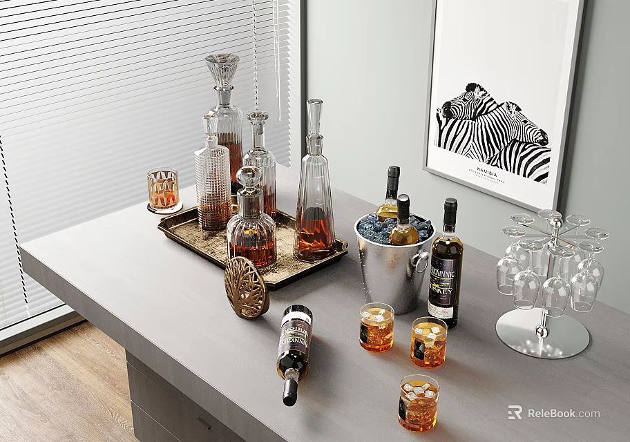 Elegant Wine Bottles And Glasses On Tray With Ice Bucket Glass Rack And Decorative Painting Indoor Setting 3d model 