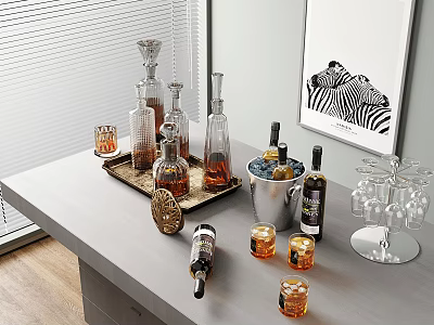 Elegant Wine Bottles And Glasses On Tray With Ice Bucket Glass Rack And Decorative Painting Indoor Setting 3d model