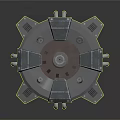 Futuristic Industrial Mechanical Device With Circular Base Metal Bolts Pipes And Vent Grilles