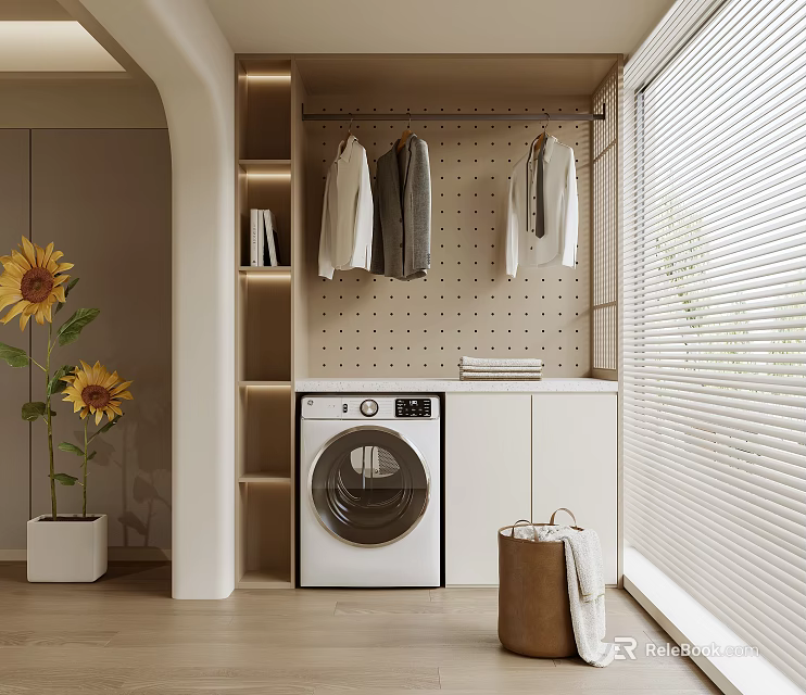 Home Balcony Laundry Area With Washing Machine Pegboard Hanging Clothes White Cabinets Sunflowers And Blinds 3d model 