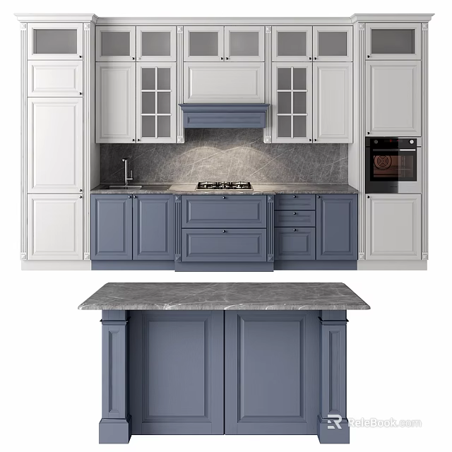 Modern Kitchen Interior With White And Blue Cabinets Gray Countertop And Island 3d model 