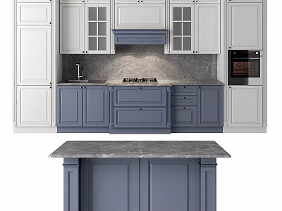 Modern Kitchen Interior With White And Blue Cabinets Gray Countertop And Island 3d model