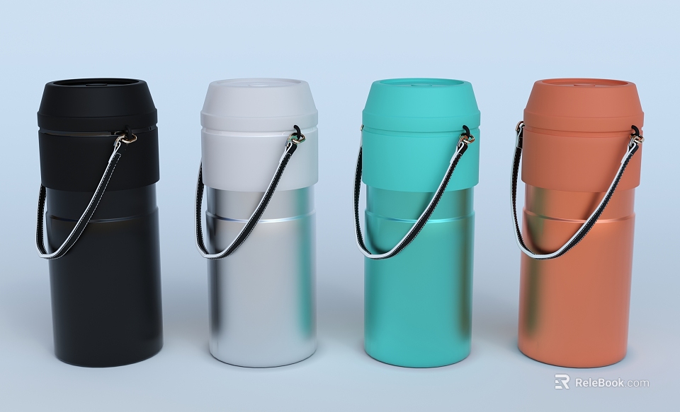 Four Various Colors Metallic Insulated Cups with Carrying Straps Modern Design 3d model 