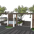 Modern Entrance Gate with Wooden Pillars Canopy and Green Trees Landscaping
