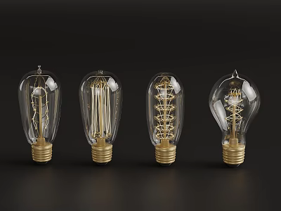 Four Transparent Glass Light Bulbs With Golden Base And Visible Filament On Dark Background 3d model