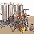 Industrial Processing Equipment With Large Stainless Steel Storage Tanks Platforms And Piping Systems