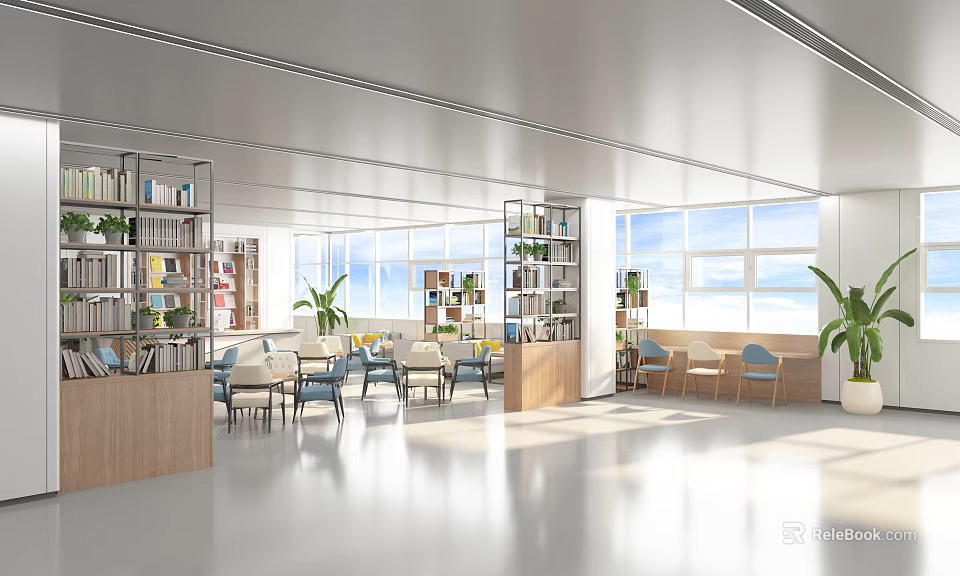 Bright Modern Book Art Interior With Bookshelves Tables Chairs And Large Windows 3d model 