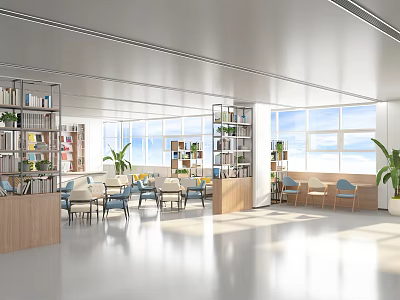 Bright Modern Book Art Interior With Bookshelves Tables Chairs And Large Windows 3d model