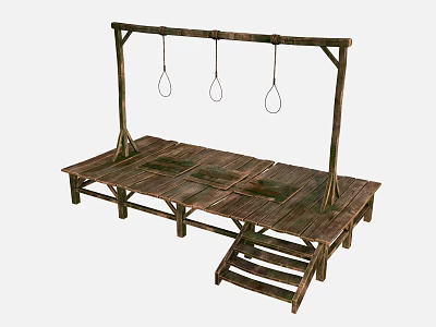 Rustic Wooden Platform Furniture With Hanging Rings Supporting Posts And Steps 3d model