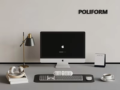 POLIFORM Modern Workspace With iMac Lamp Headphones Books Keyboard Mouse And Cup 3d model