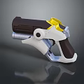 Futuristic Sci Fi Handgun with White Yellow Color Accents Ergonomic Grip and Streamlined Design