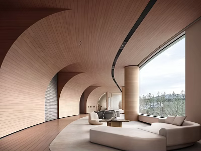 Hotel Public Lounge Area With Curved Wooden Ceiling Floor To Ceiling Windows And Beige Sofas 3d model
