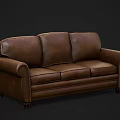 Three Seater Brown Leather Sofa With Scroll Arms And Wooden Legs