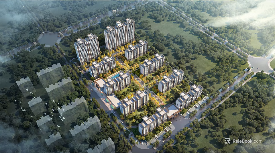 Aerial Planning of Modern Residential Community With High Rise Buildings Greenery and Roads 3d model 