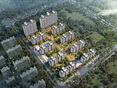 Aerial Planning of Modern Residential Community With High Rise Buildings Greenery and Roads 3d model