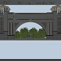 Grand Classical Entry Gate with Arched Structure Stone Columns Towers and Green Plants