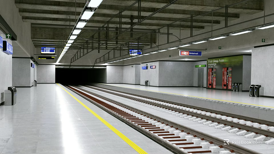 Modern Subway Station Platform With Tracks Directional Signs Lighting And Vending Machines 3d model 