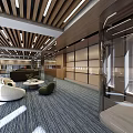 Modern Office Corridor Interior With Wooden Walls Glass Partitions And Ceiling Lights