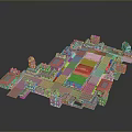 Traditional Architectural Complex 3D Model With Central Courtyard And Red Roofed Buildings