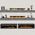 Stylish Built-in Black Fireplaces With Flames And Gray Shelves Featuring Books Deer Figurines And Decorations