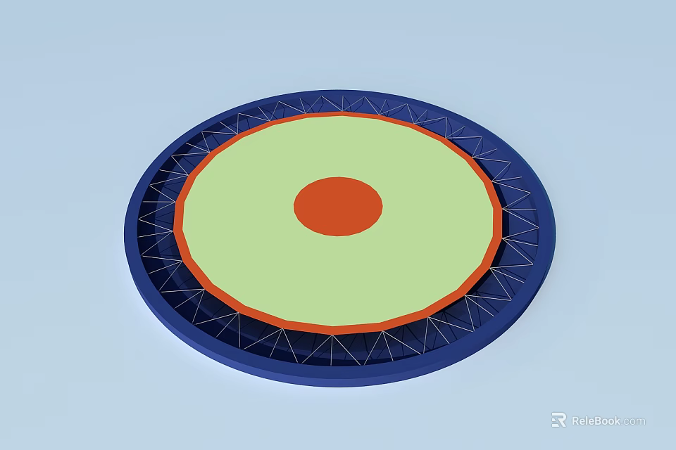 Circular Fitness Trampoline With Blue Frame Green Mat And Orange Center Spring Design 3d model 