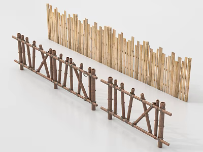 Natural Bamboo Railings With Cross Structure And Vertical Slat Fence For Garden 3d model