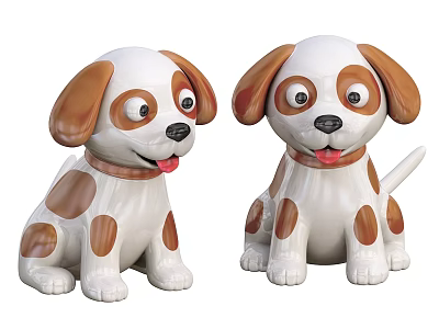 Two White And Brown Cartoon Dog Figurines Sitting With Big Eyes Sticking Out Tongue 3d model