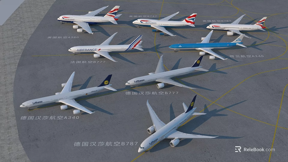 Multiple Passenger Planes From Various Airlines With Different Liveries Parked On Airport Tarmac 3d model 