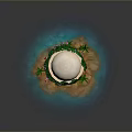 White Domed Structure On Small Island With Green Vines Pink Purple Flowers And Blue Water