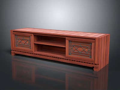 Wooden TV Stand With Decorative Geometric Patterns And Open Shelves For Electronics 3d model