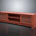 Wooden TV Stand With Decorative Geometric Patterns And Open Shelves For Electronics