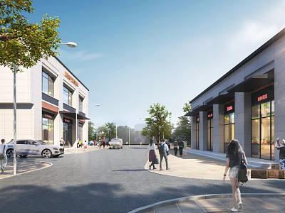 Modern Commercial Street with Storefronts Pedestrians Walking Parked Cars and Green Trees Under Clear Sky 3d model