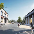 Modern Commercial Street with Storefronts Pedestrians Walking Parked Cars and Green Trees Under Clear Sky