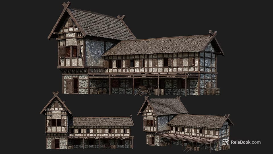 Traditional Style Ancient Architecture with Wooden Frame Tile Roof and Multi Story Design 3d model 