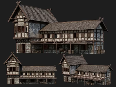 Traditional Style Ancient Architecture with Wooden Frame Tile Roof and Multi Story Design 3d model