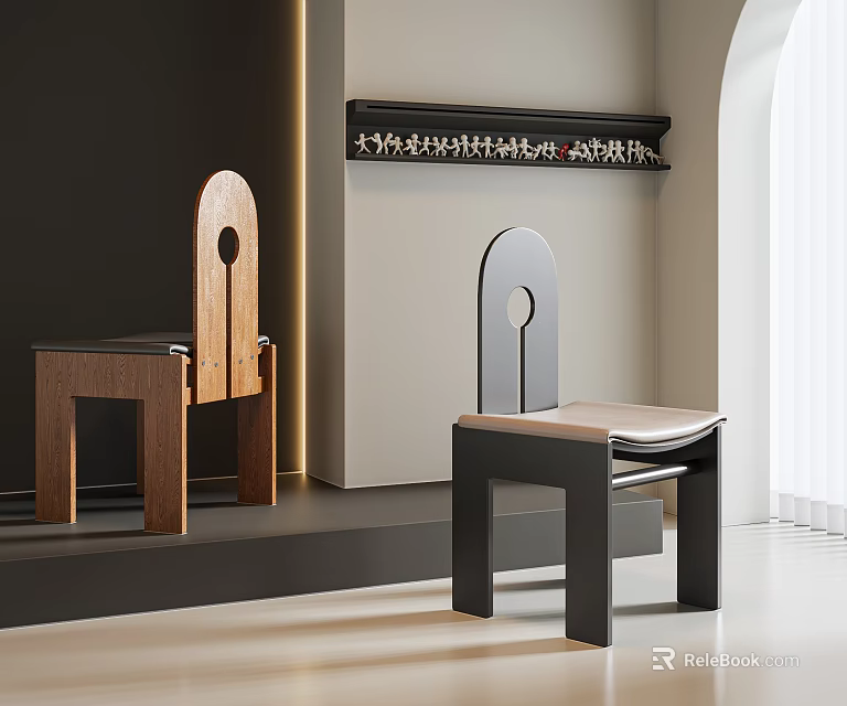 Modern Dining Chairs Featuring Wooden And Black Metal Frames With Light Seats Minimalist Design 3d model 
