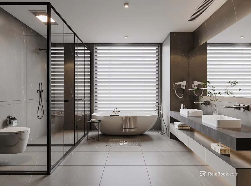 Modern Bathroom Interior Design With Glass Shower Freestanding Bathtub Double Sinks And Gray Tiles 3d model 