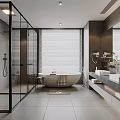 Modern Bathroom Interior Design With Glass Shower Freestanding Bathtub Double Sinks And Gray Tiles