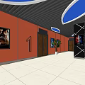 Modern Escalator Aisle Design With Illuminated Ceiling Wall Posters And Decorative Columns